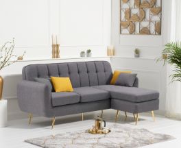 Bina Grey Linen 3 Seater Chaise Corner Sofa Bed with Gold Legs