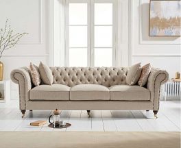 Camara Chesterfield Cream Linen 3 Seater Sofa